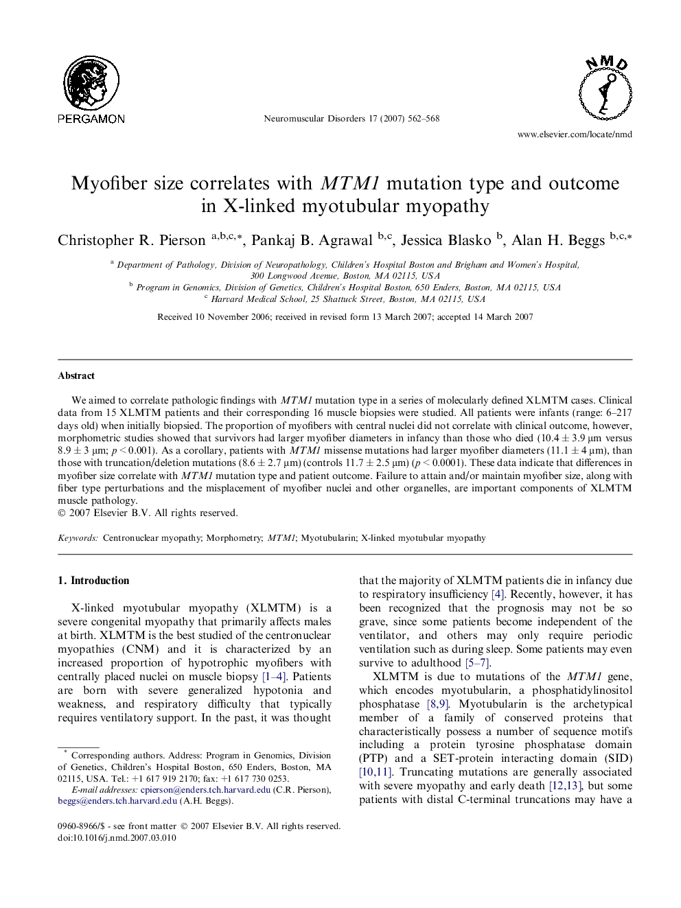 Myofiber size correlates with MTM1 mutation type and outcome in X-linked myotubular myopathy