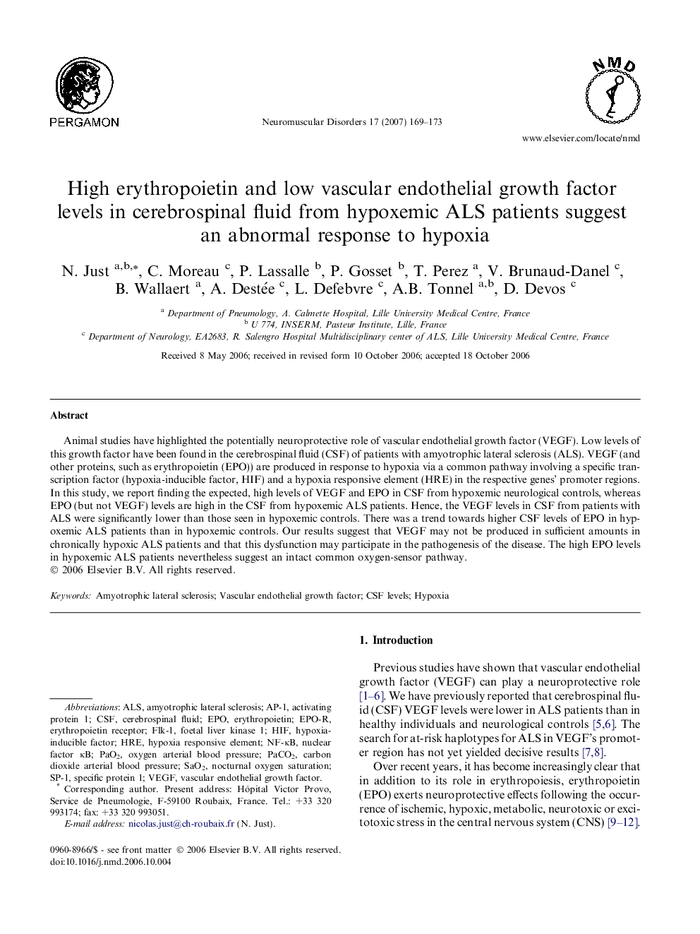 High erythropoietin and low vascular endothelial growth factor levels in cerebrospinal fluid from hypoxemic ALS patients suggest an abnormal response to hypoxia