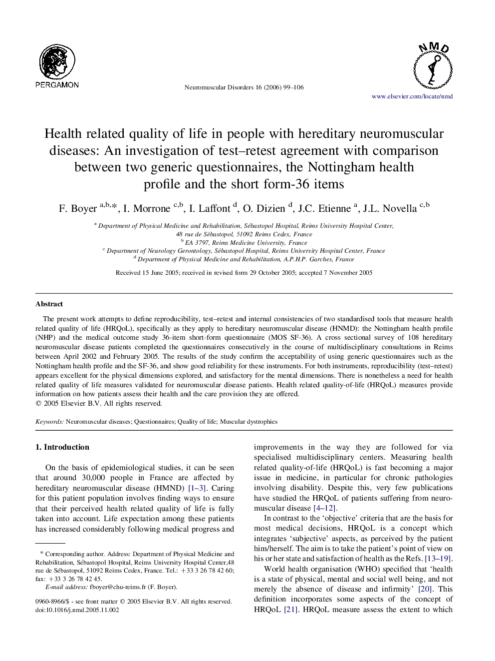 Health related quality of life in people with hereditary neuromuscular diseases: An investigation of test–retest agreement with comparison between two generic questionnaires, the Nottingham health profile and the short form-36 items