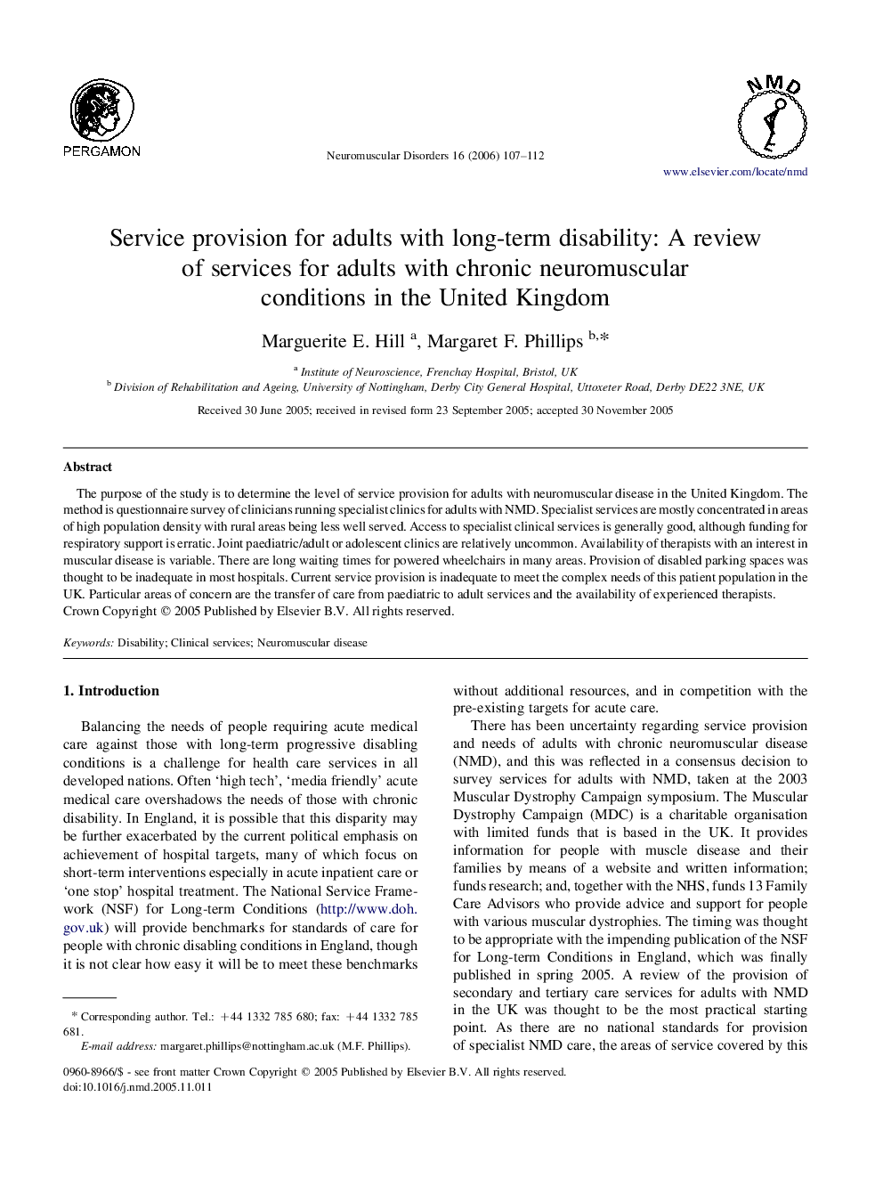 Service provision for adults with long-term disability: A review of services for adults with chronic neuromuscular conditions in the United Kingdom