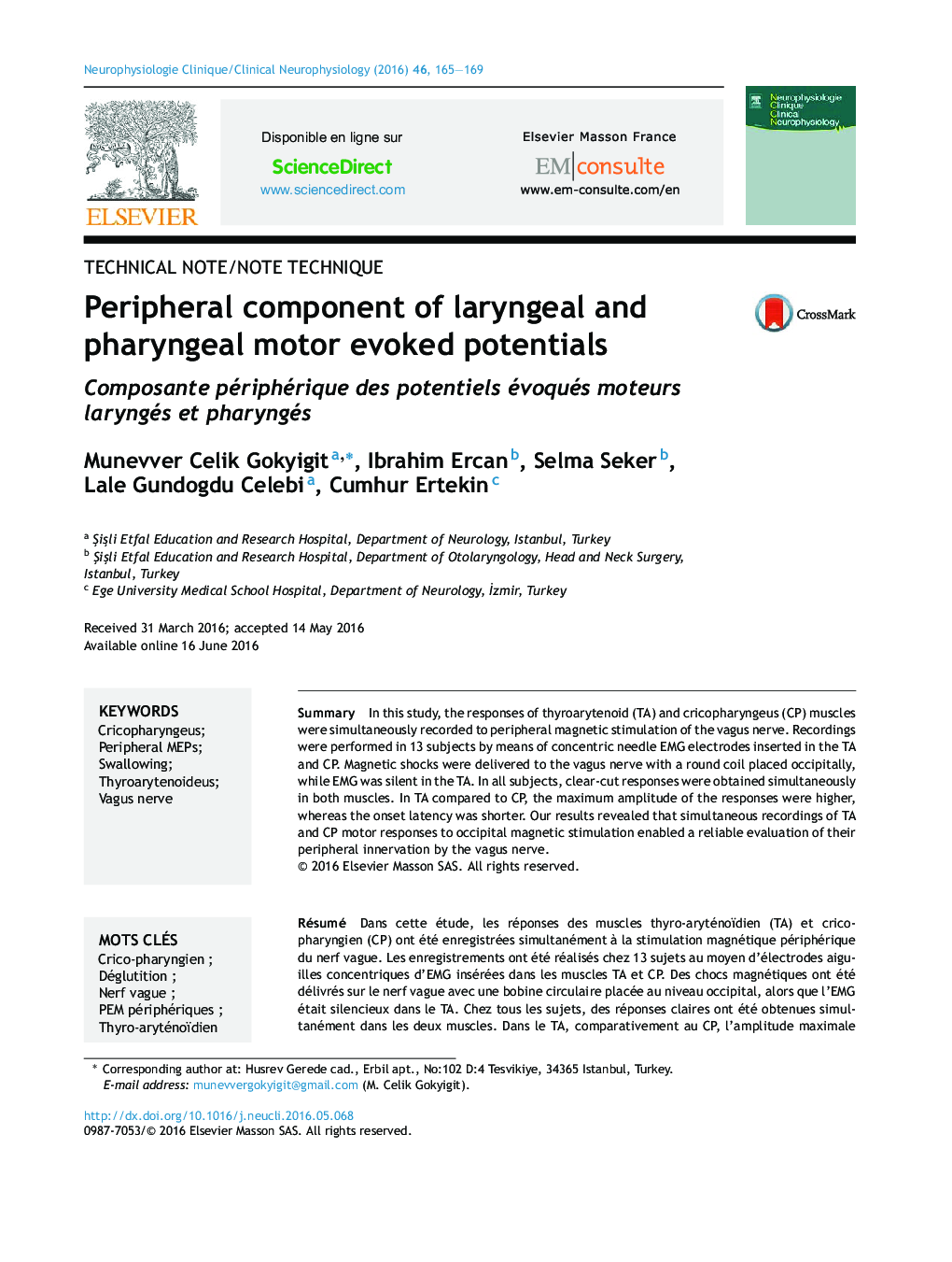 Peripheral component of laryngeal and pharyngeal motor evoked potentials