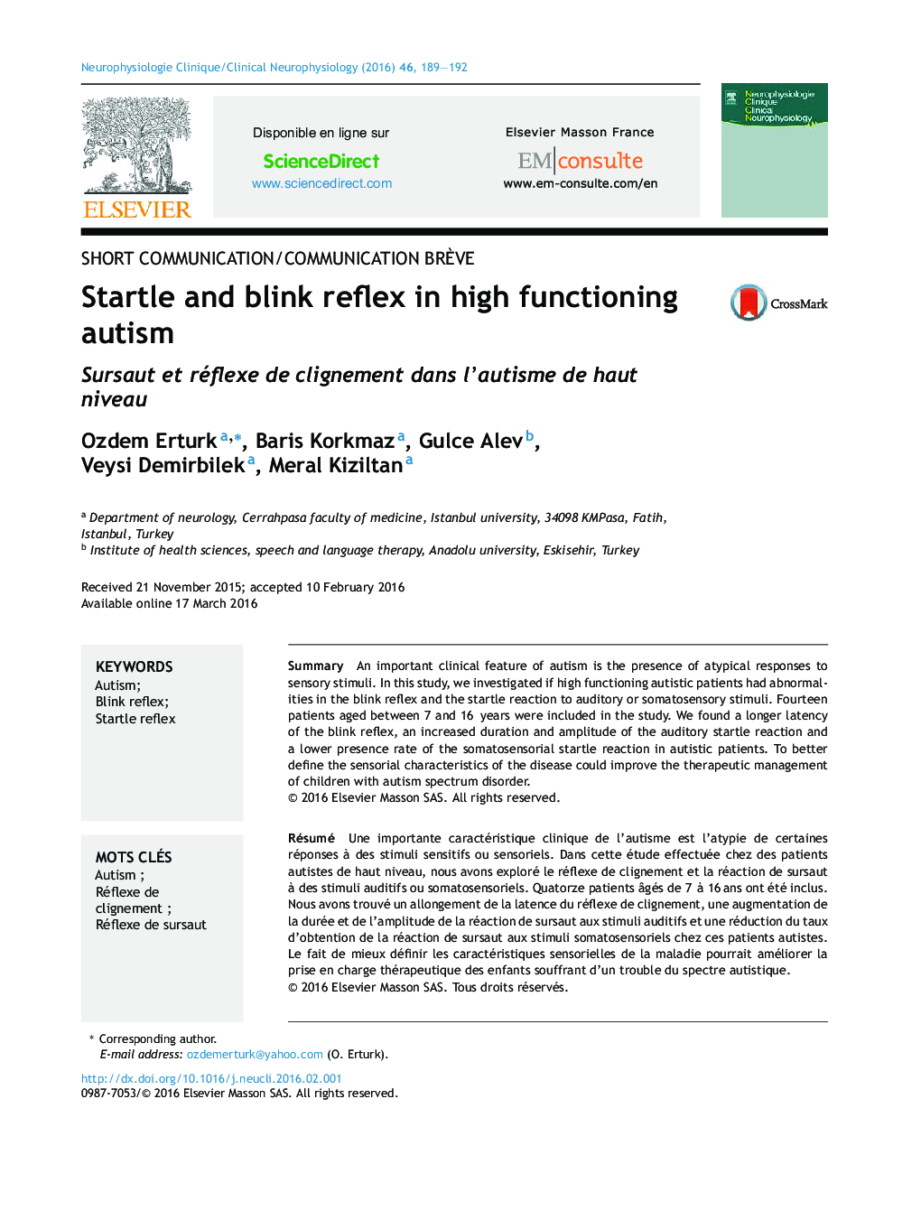 Startle and blink reflex in high functioning autism