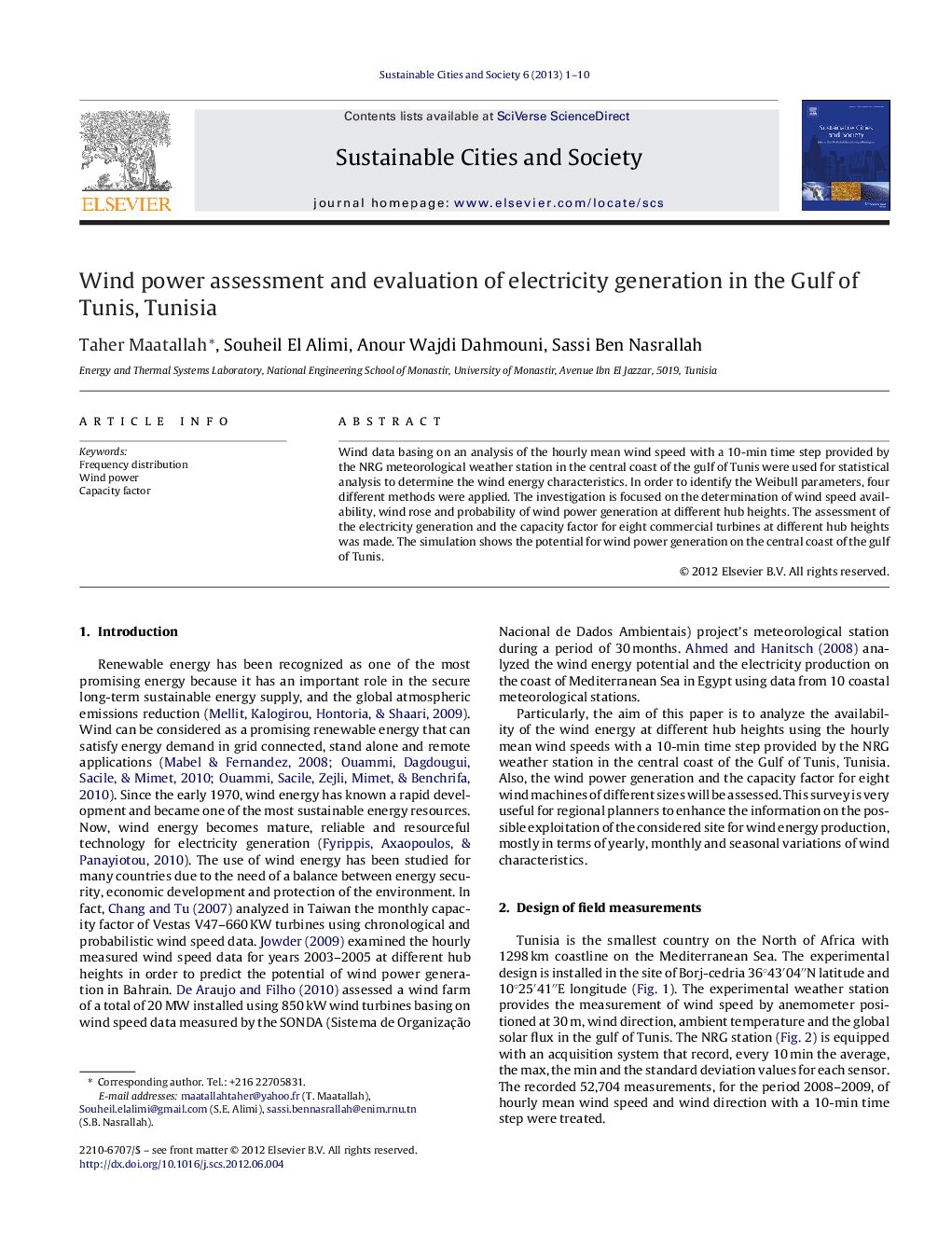 Wind power assessment and evaluation of electricity generation in the Gulf of Tunis, Tunisia