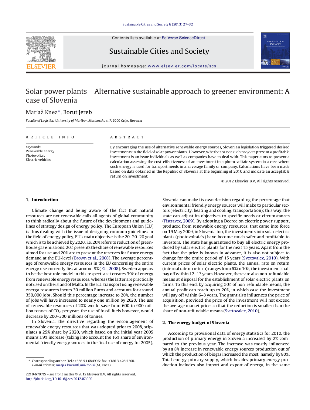 Solar power plants – Alternative sustainable approach to greener environment: A case of Slovenia