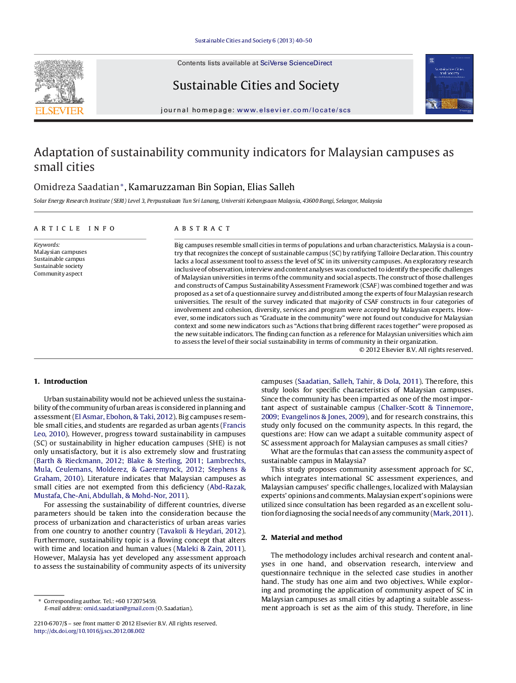 Adaptation of sustainability community indicators for Malaysian campuses as small cities