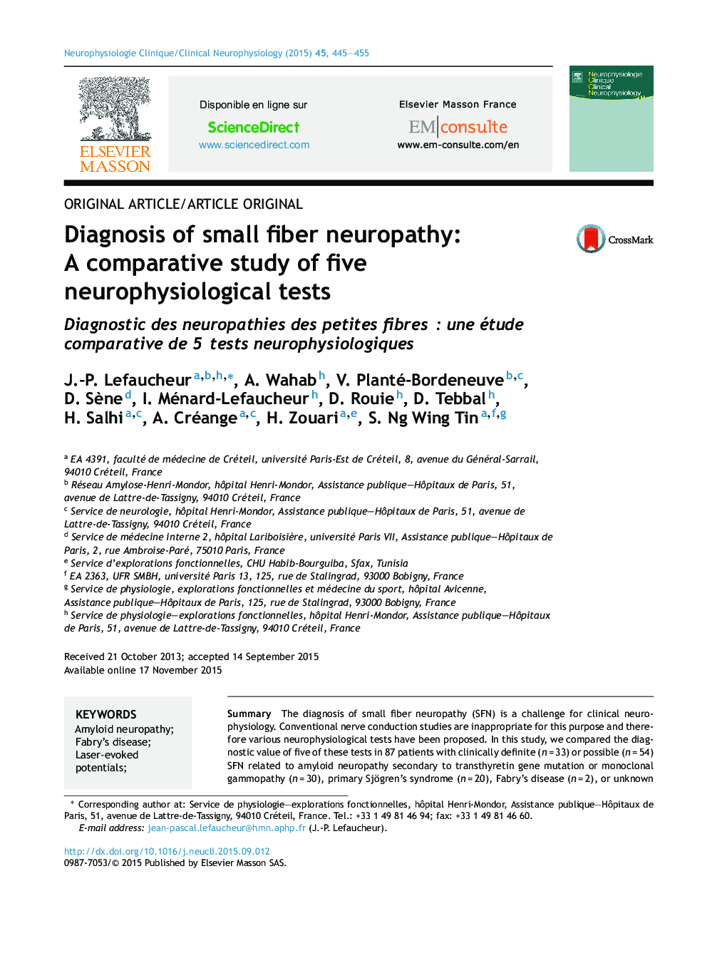 Diagnosis of small fiber neuropathy: A comparative study of five neurophysiological tests