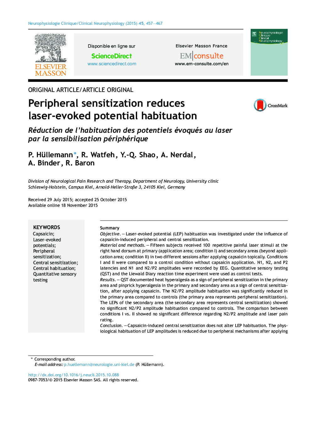 Peripheral sensitization reduces laser-evoked potential habituation