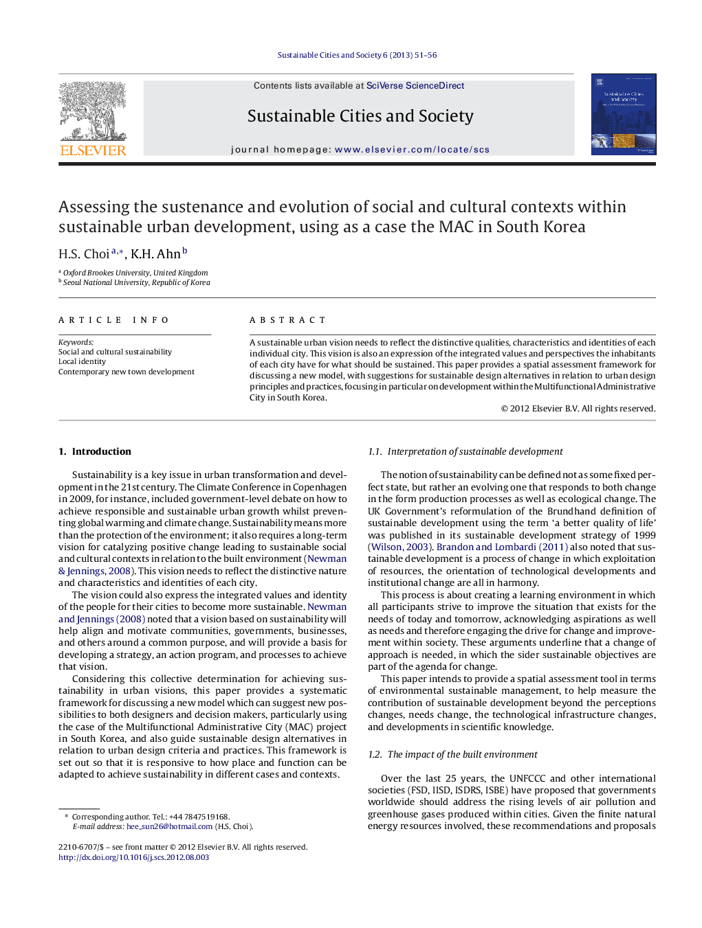 Assessing the sustenance and evolution of social and cultural contexts within sustainable urban development, using as a case the MAC in South Korea