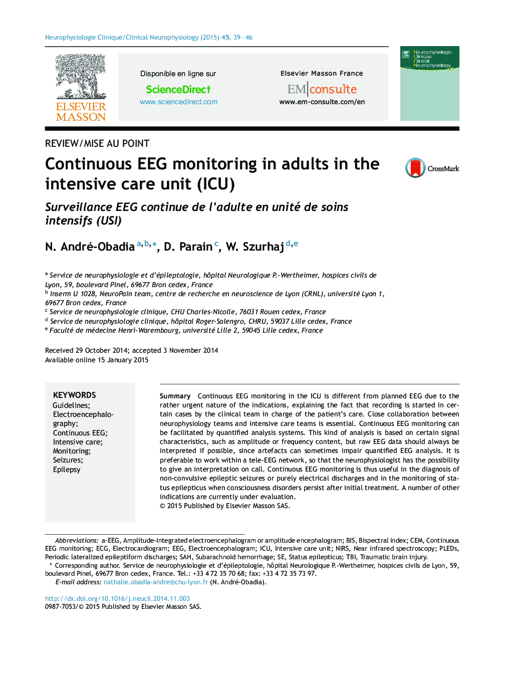 Continuous EEG monitoring in adults in the intensive care unit (ICU)