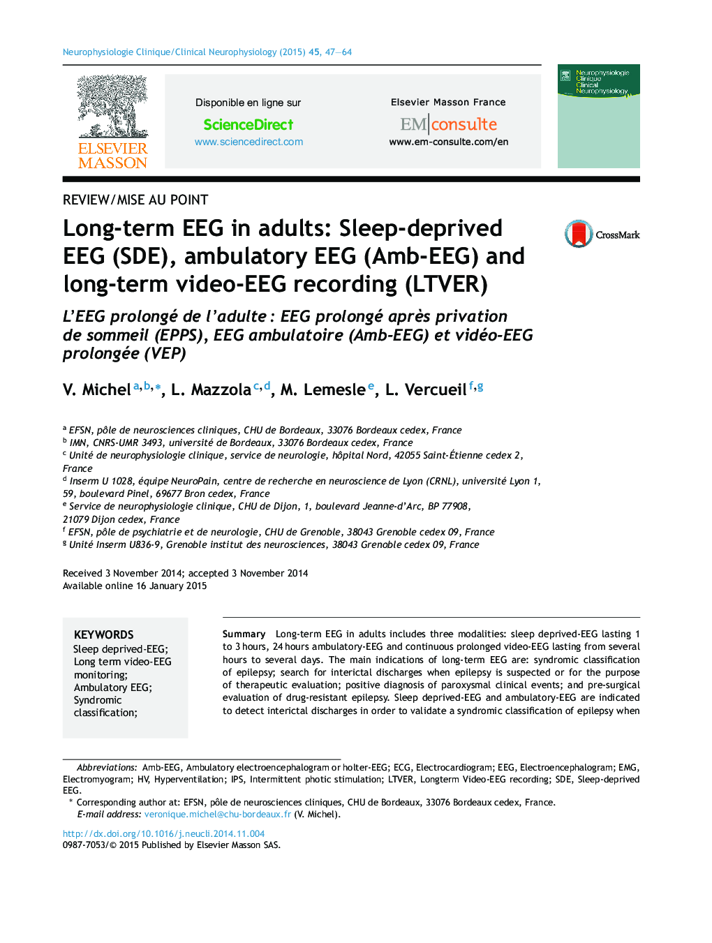 Long-term EEG in adults: Sleep-deprived EEG (SDE), ambulatory EEG (Amb-EEG) and long-term video-EEG recording (LTVER)