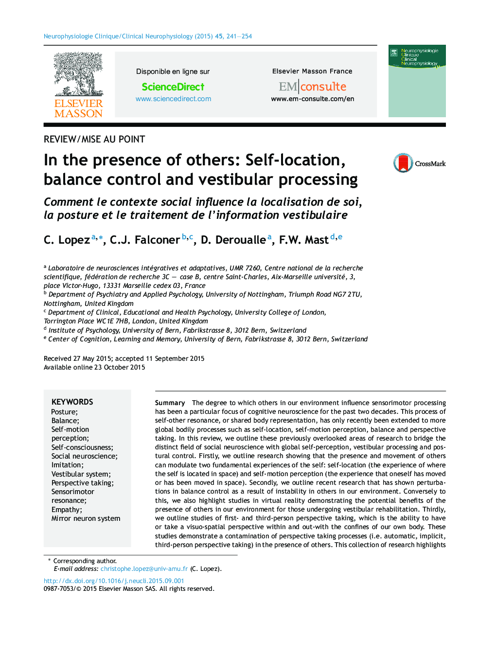 In the presence of others: Self-location, balance control and vestibular processing