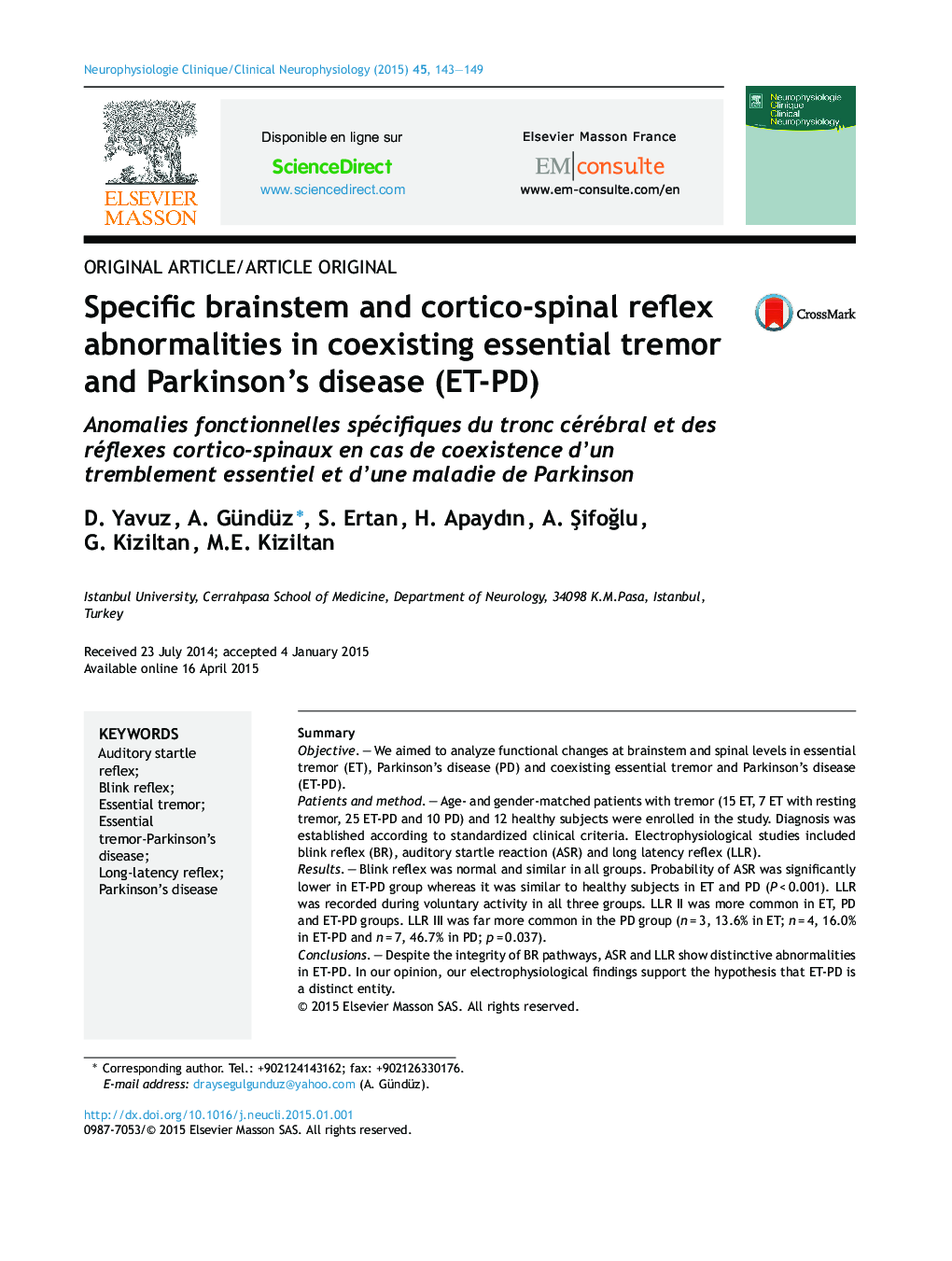 Specific brainstem and cortico-spinal reflex abnormalities in coexisting essential tremor and Parkinson's disease (ET-PD)