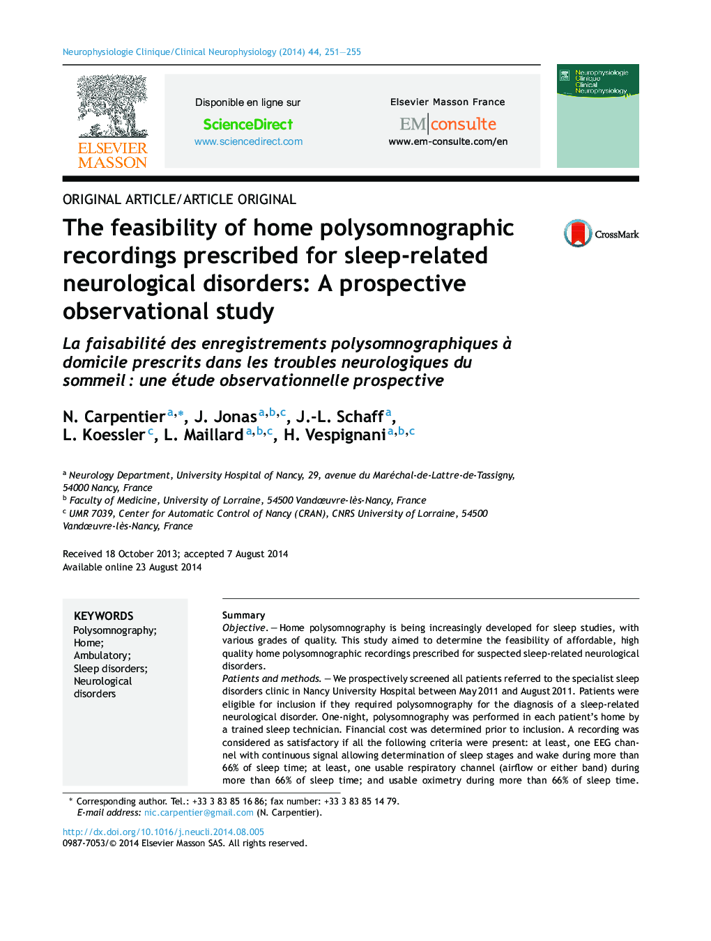 The feasibility of home polysomnographic recordings prescribed for sleep-related neurological disorders: A prospective observational study