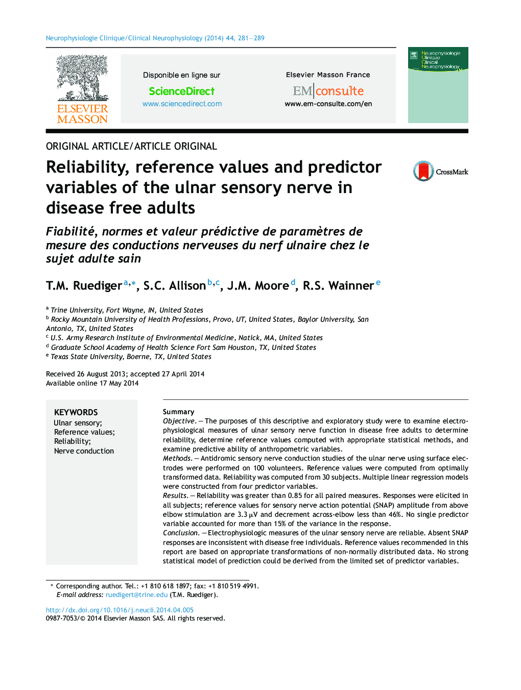 Reliability, reference values and predictor variables of the ulnar sensory nerve in disease free adults