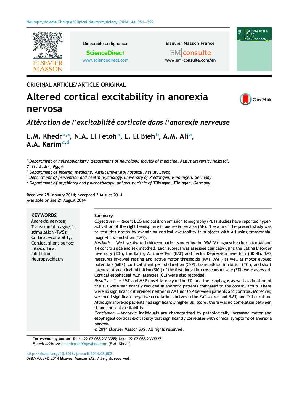 Altered cortical excitability in anorexia nervosa