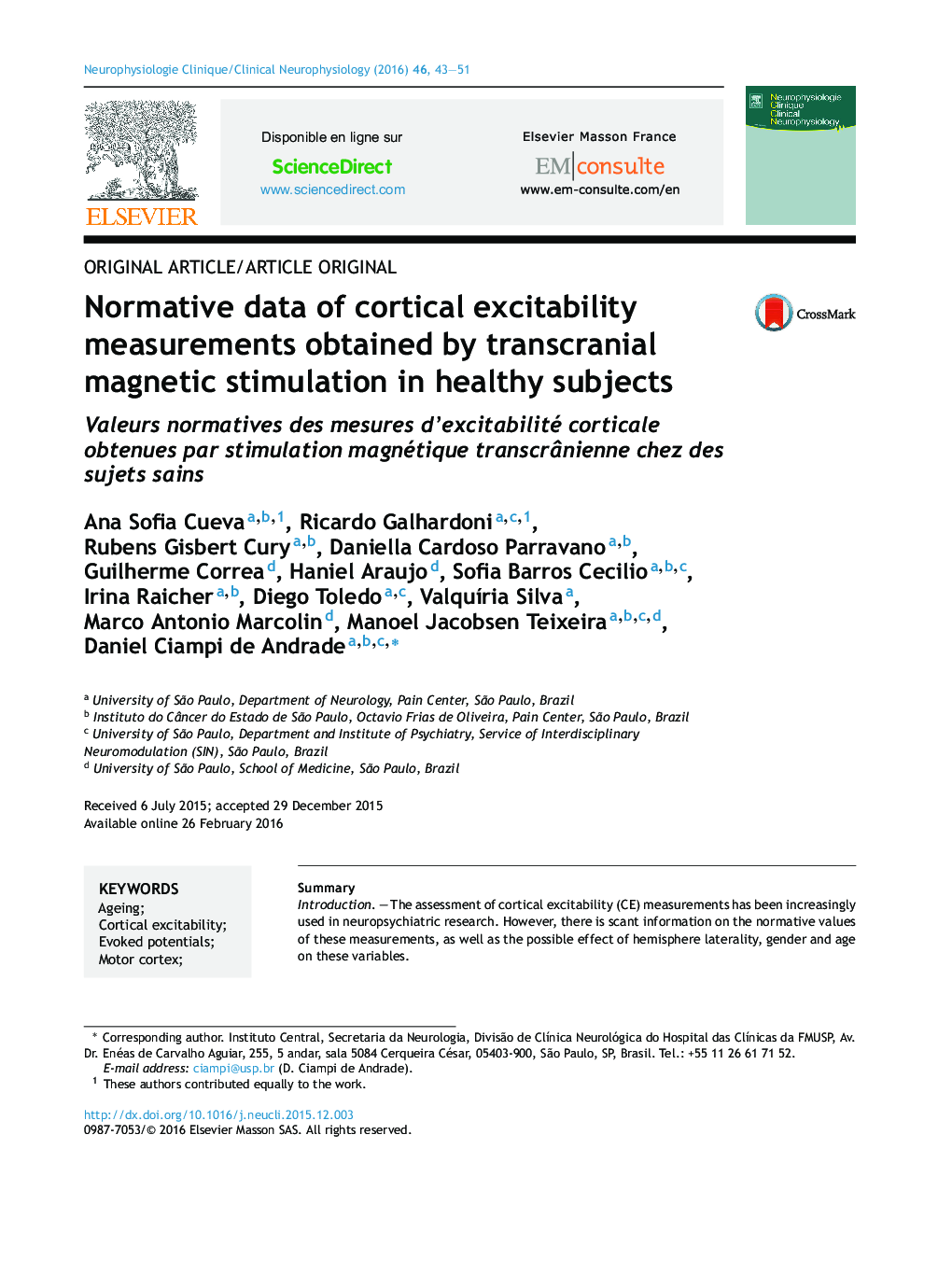 Normative data of cortical excitability measurements obtained by transcranial magnetic stimulation in healthy subjects