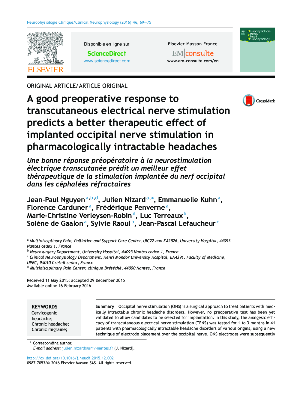 A good preoperative response to transcutaneous electrical nerve stimulation predicts a better therapeutic effect of implanted occipital nerve stimulation in pharmacologically intractable headaches