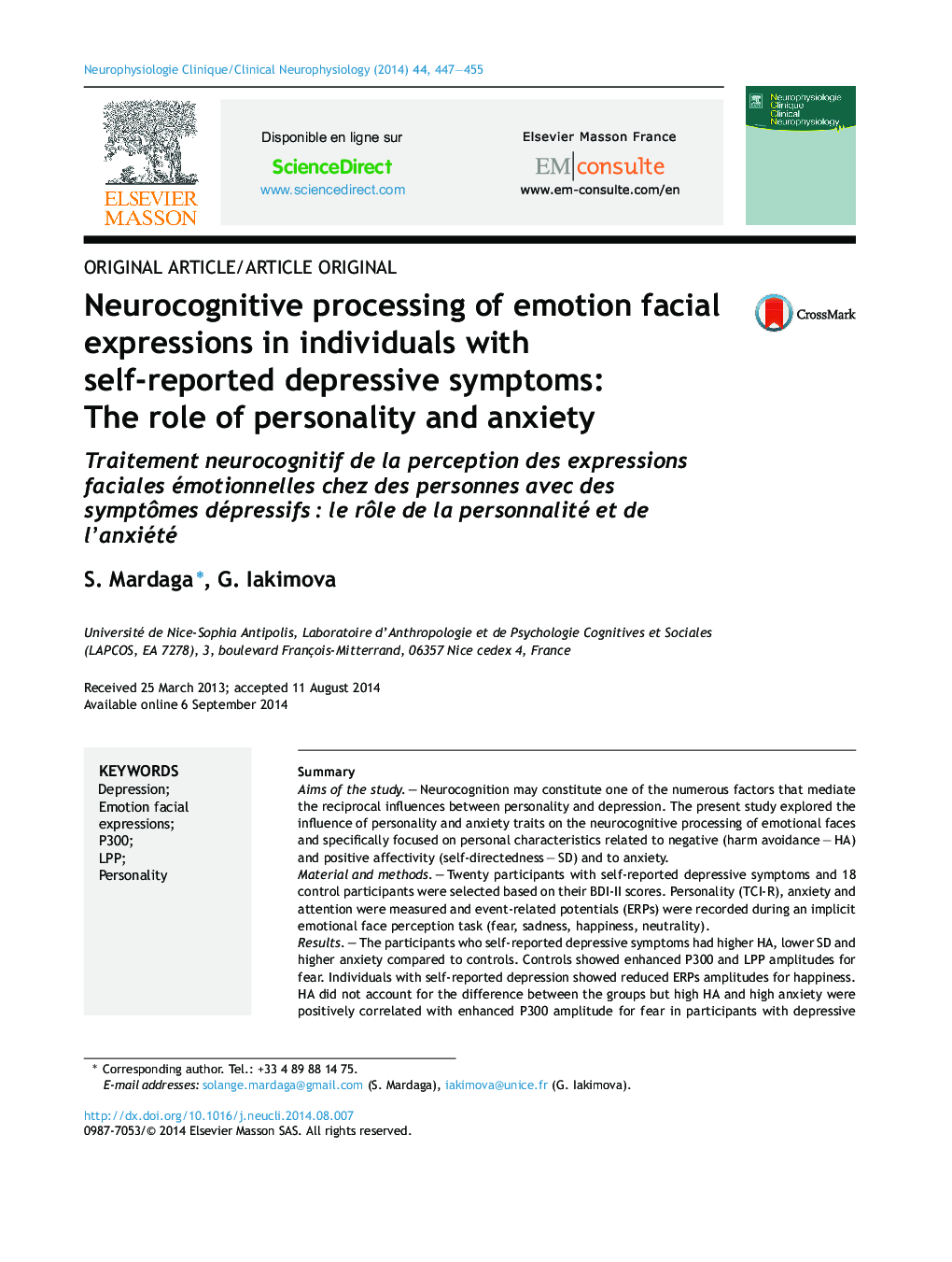 Neurocognitive processing of emotion facial expressions in individuals with self-reported depressive symptoms: The role of personality and anxiety