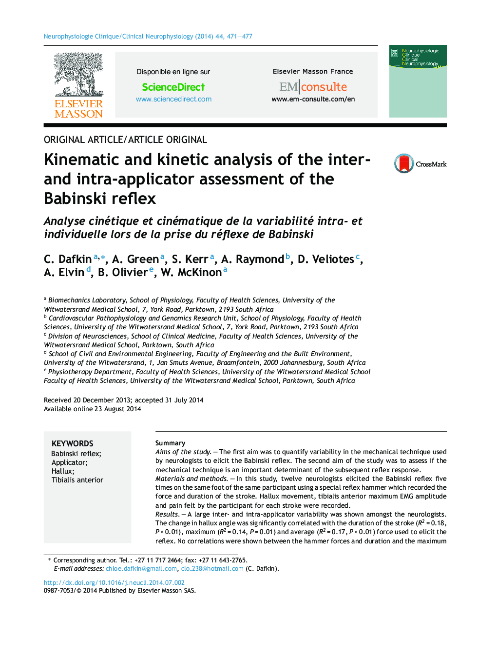 Kinematic and kinetic analysis of the inter- and intra-applicator assessment of the Babinski reflex