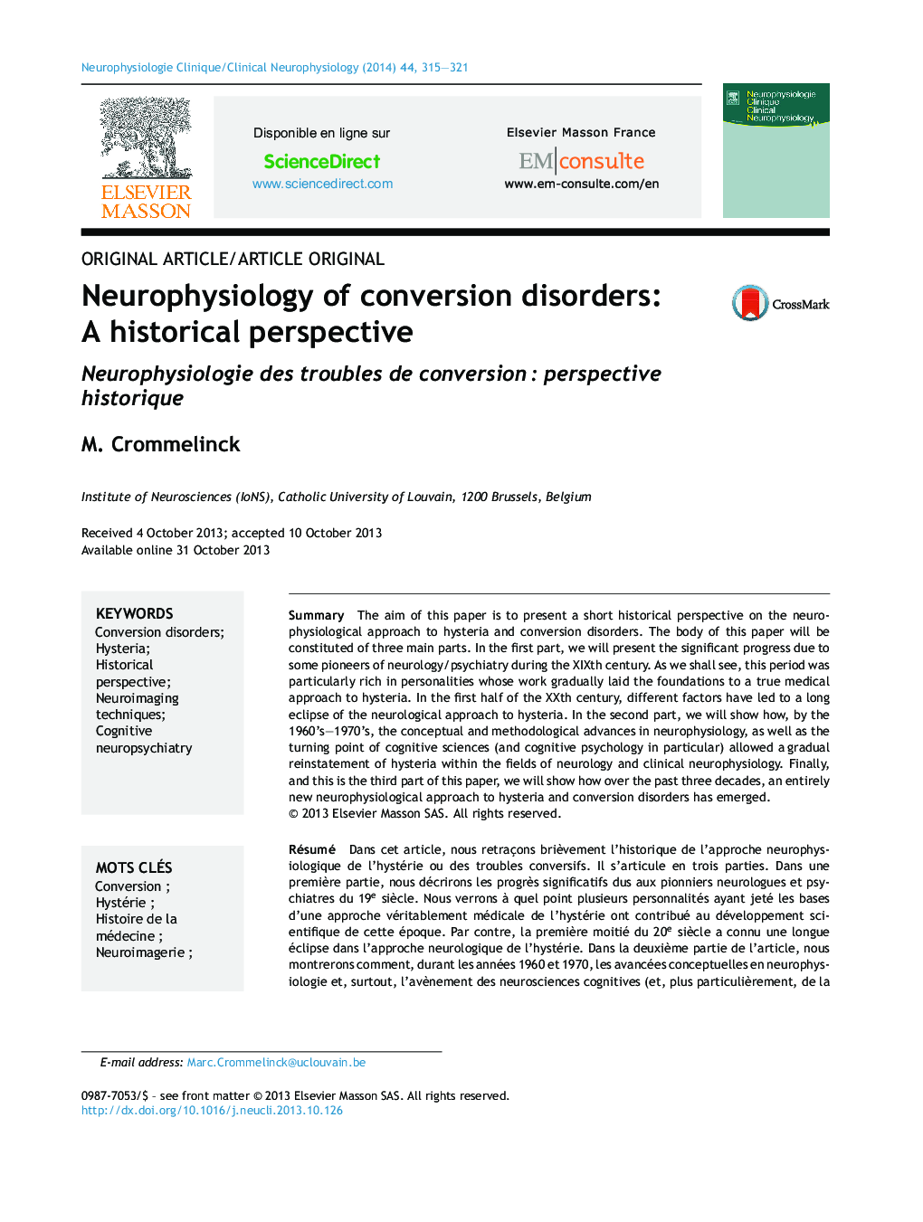 Neurophysiology of conversion disorders: A historical perspective