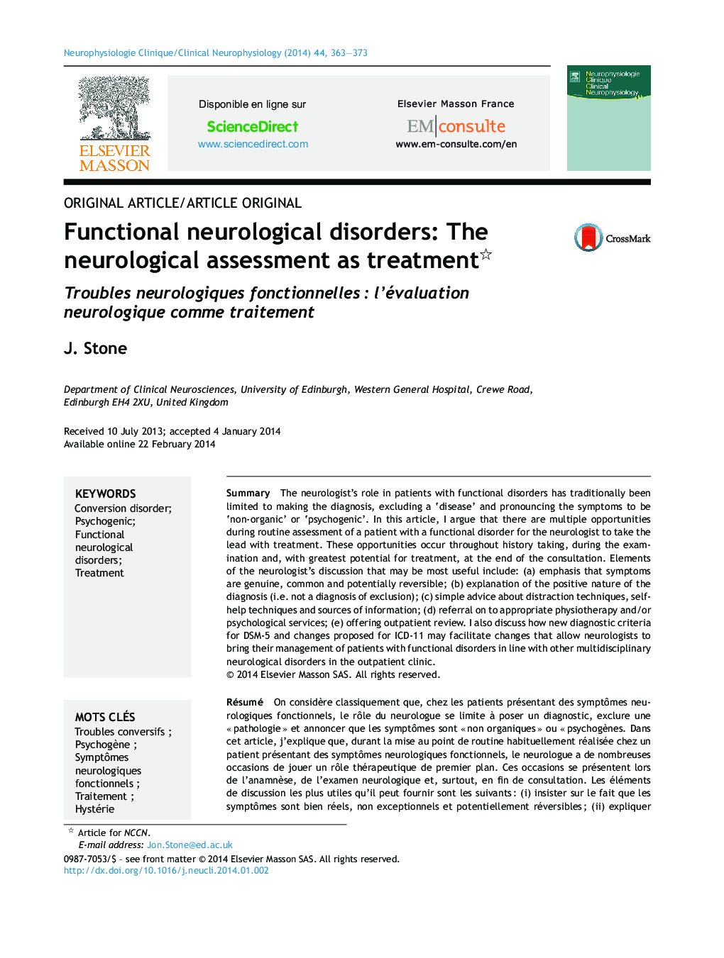 Functional neurological disorders: The neurological assessment as treatment 