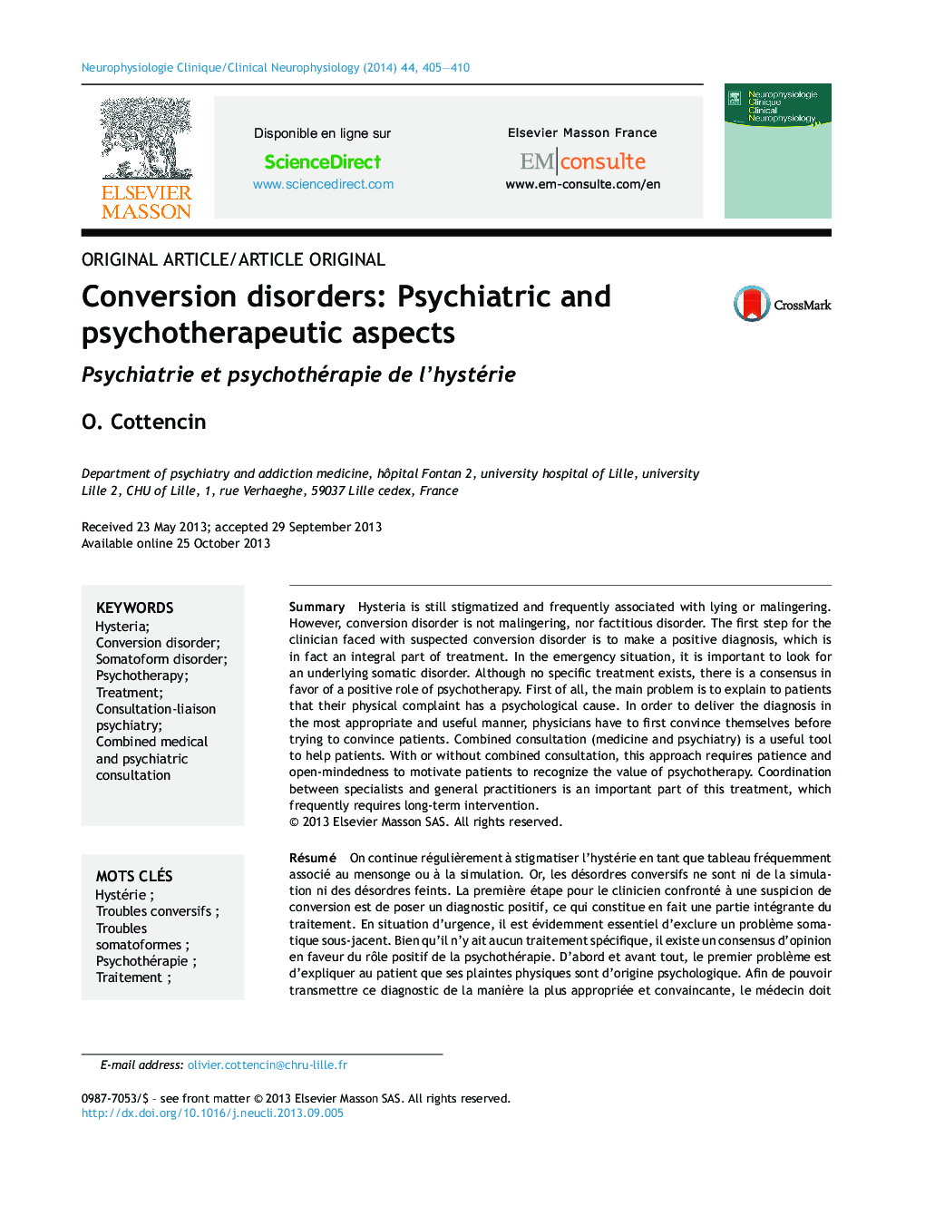 Conversion disorders: Psychiatric and psychotherapeutic aspects