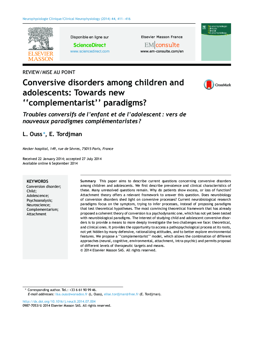 Conversive disorders among children and adolescents: Towards new “complementarist” paradigms?