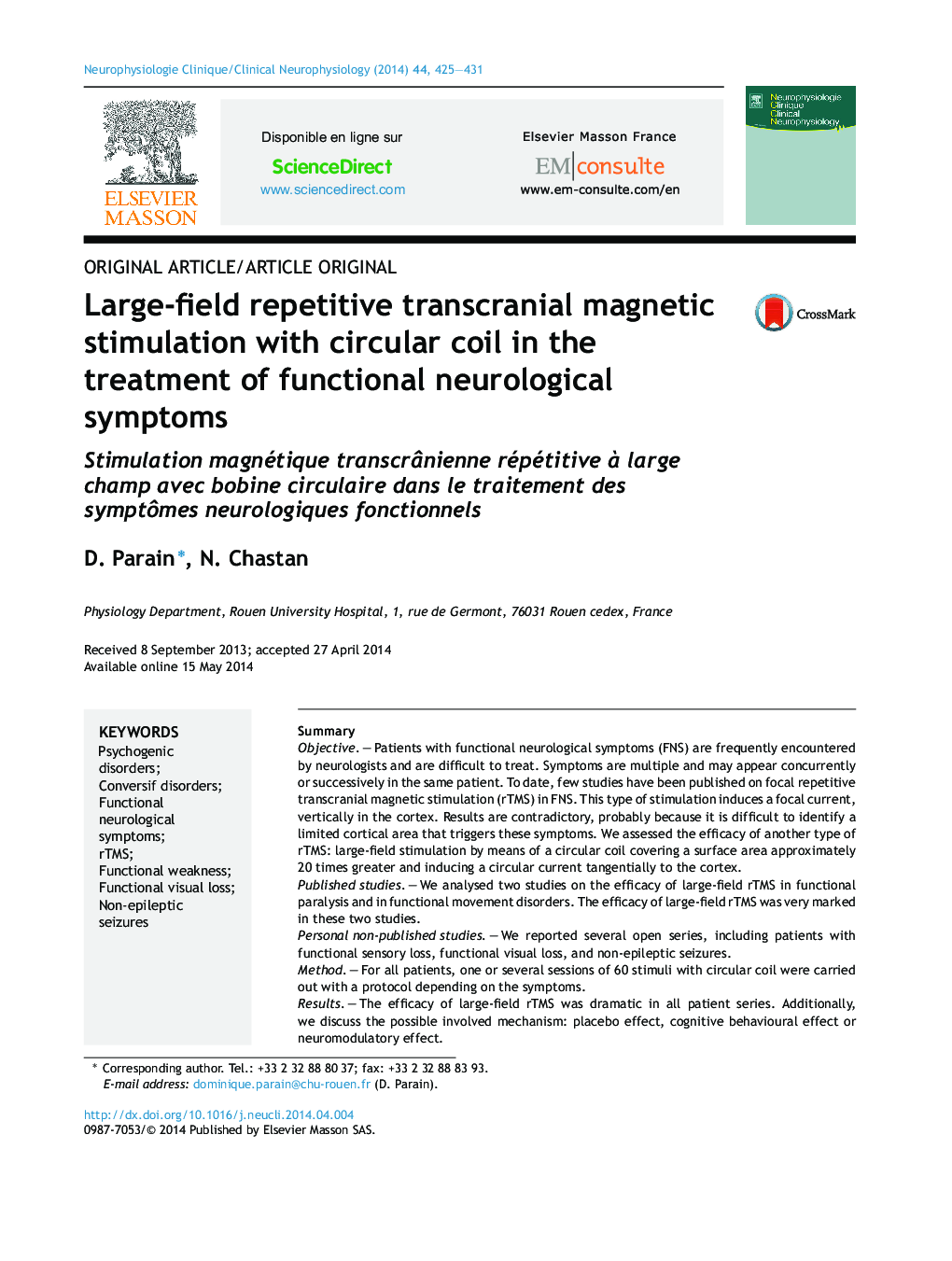 Large-field repetitive transcranial magnetic stimulation with circular coil in the treatment of functional neurological symptoms