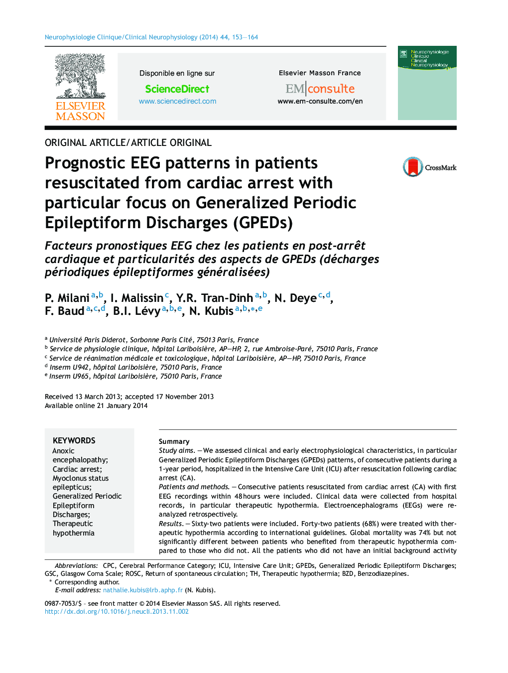 Prognostic EEG patterns in patients resuscitated from cardiac arrest with particular focus on Generalized Periodic Epileptiform Discharges (GPEDs)