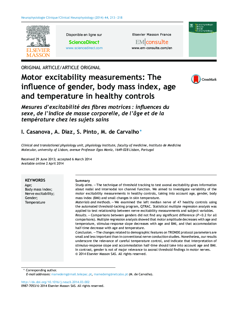 Motor excitability measurements: The influence of gender, body mass index, age and temperature in healthy controls