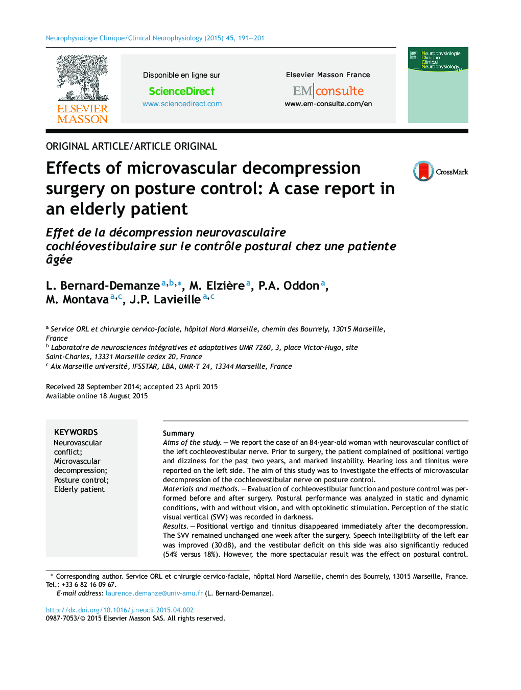 Effects of microvascular decompression surgery on posture control: A case report in an elderly patient