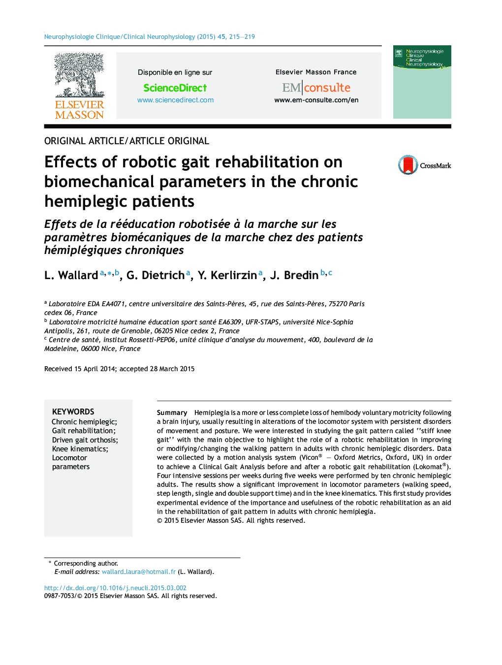 Effects of robotic gait rehabilitation on biomechanical parameters in the chronic hemiplegic patients
