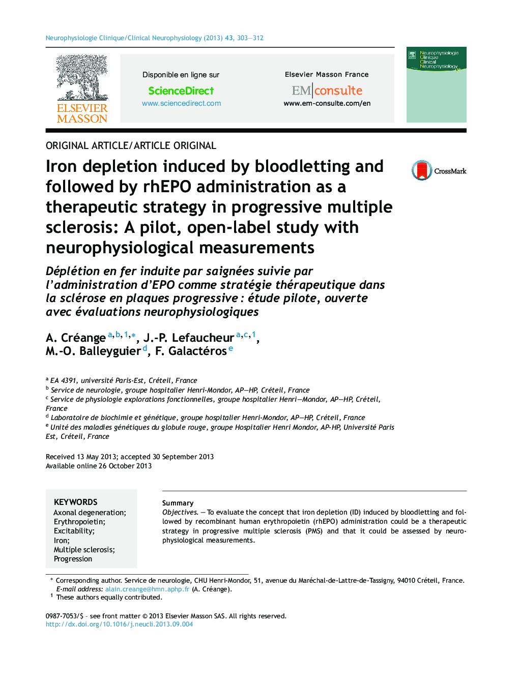 Iron depletion induced by bloodletting and followed by rhEPO administration as a therapeutic strategy in progressive multiple sclerosis: A pilot, open-label study with neurophysiological measurements