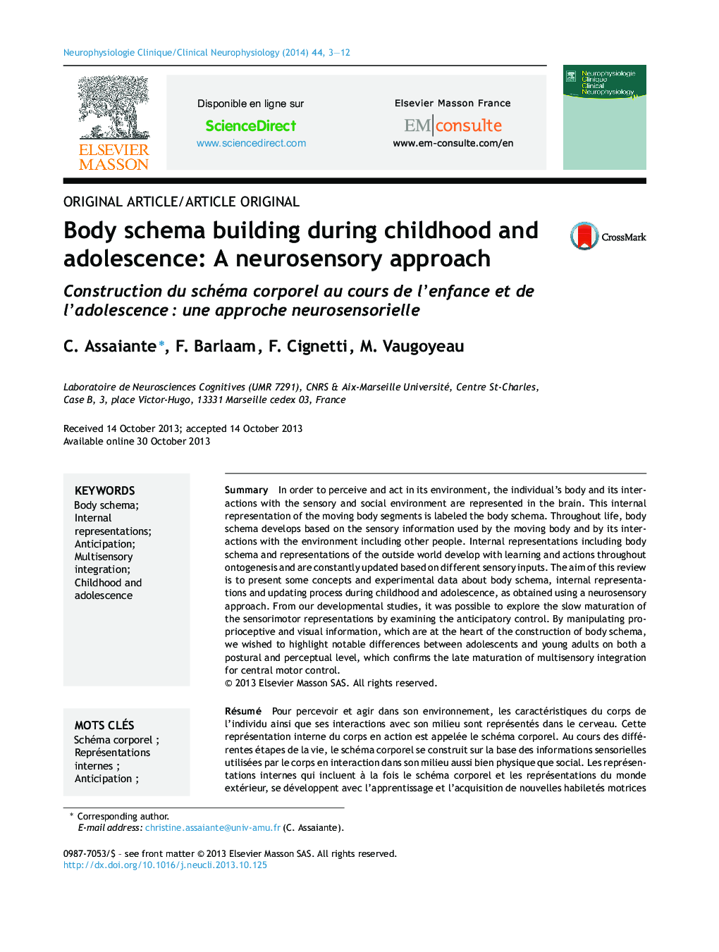 Body schema building during childhood and adolescence: A neurosensory approach