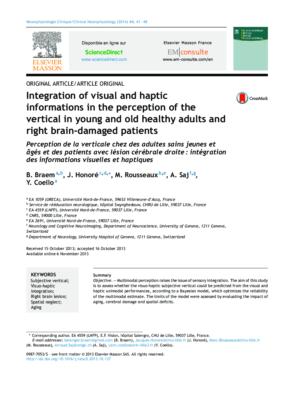 Integration of visual and haptic informations in the perception of the vertical in young and old healthy adults and right brain-damaged patients