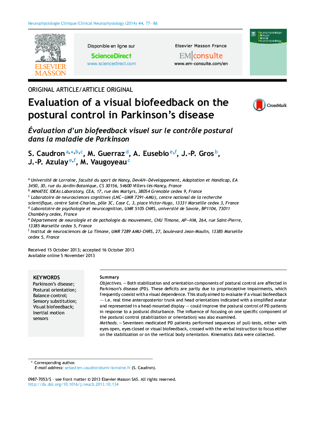 Evaluation of a visual biofeedback on the postural control in Parkinson's disease