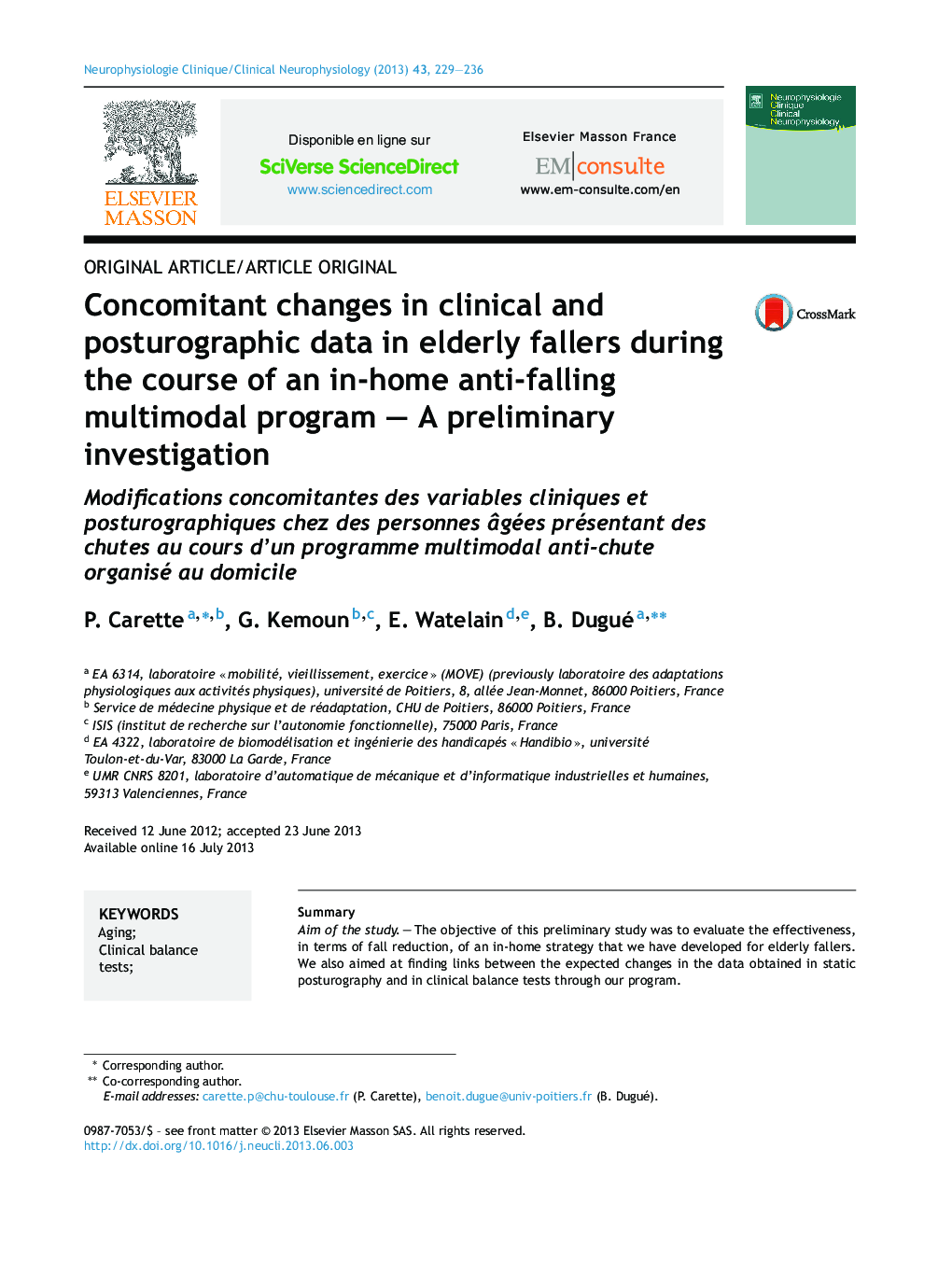 Concomitant changes in clinical and posturographic data in elderly fallers during the course of an in-home anti-falling multimodal program – A preliminary investigation