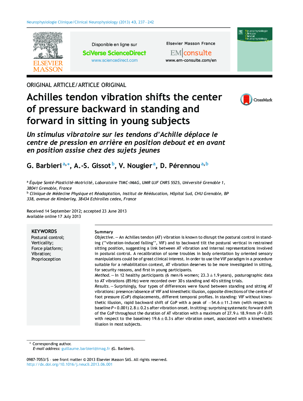 Achilles tendon vibration shifts the center of pressure backward in standing and forward in sitting in young subjects