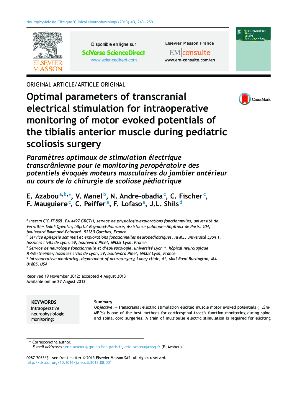 Optimal parameters of transcranial electrical stimulation for intraoperative monitoring of motor evoked potentials of the tibialis anterior muscle during pediatric scoliosis surgery