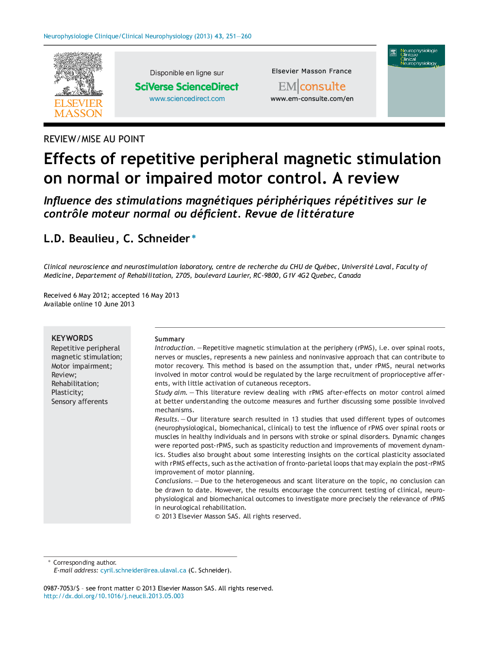 Effects of repetitive peripheral magnetic stimulation on normal or impaired motor control. A review