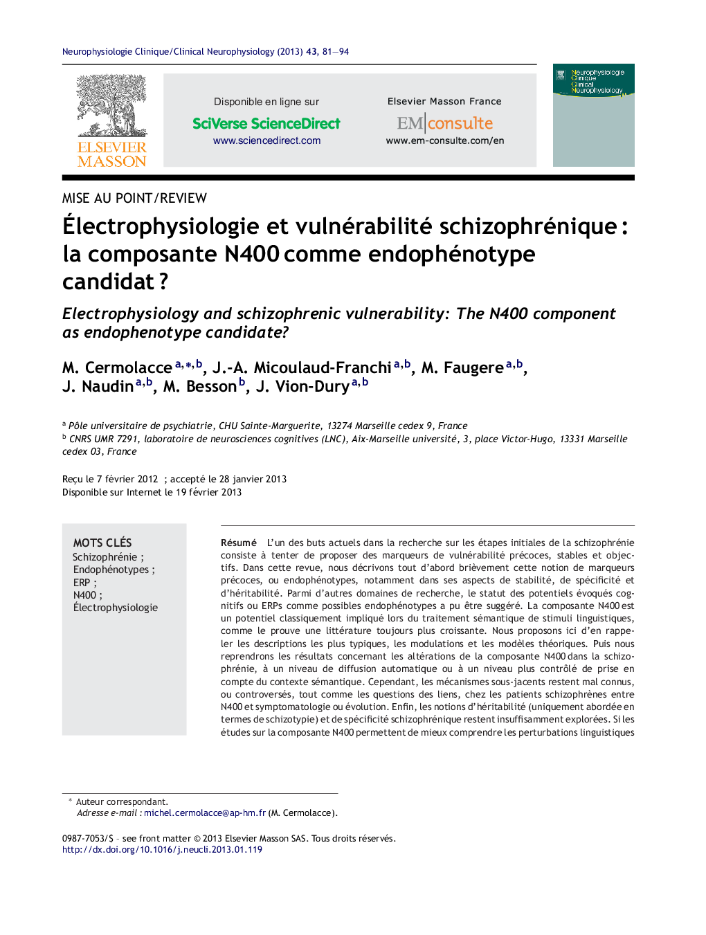 Électrophysiologie et vulnérabilité schizophrénique : la composante N400 comme endophénotype candidat ?