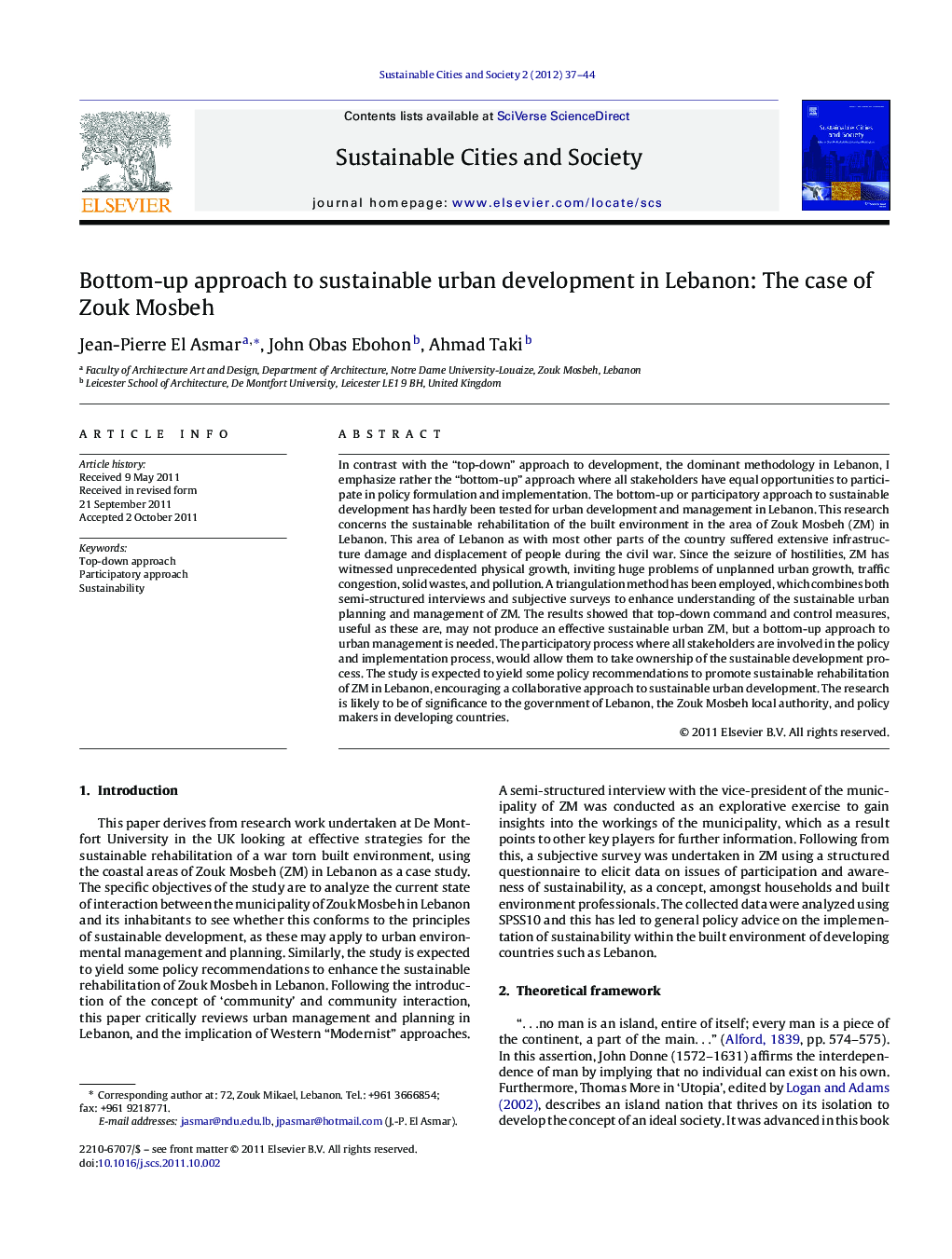 Bottom-up approach to sustainable urban development in Lebanon: The case of Zouk Mosbeh