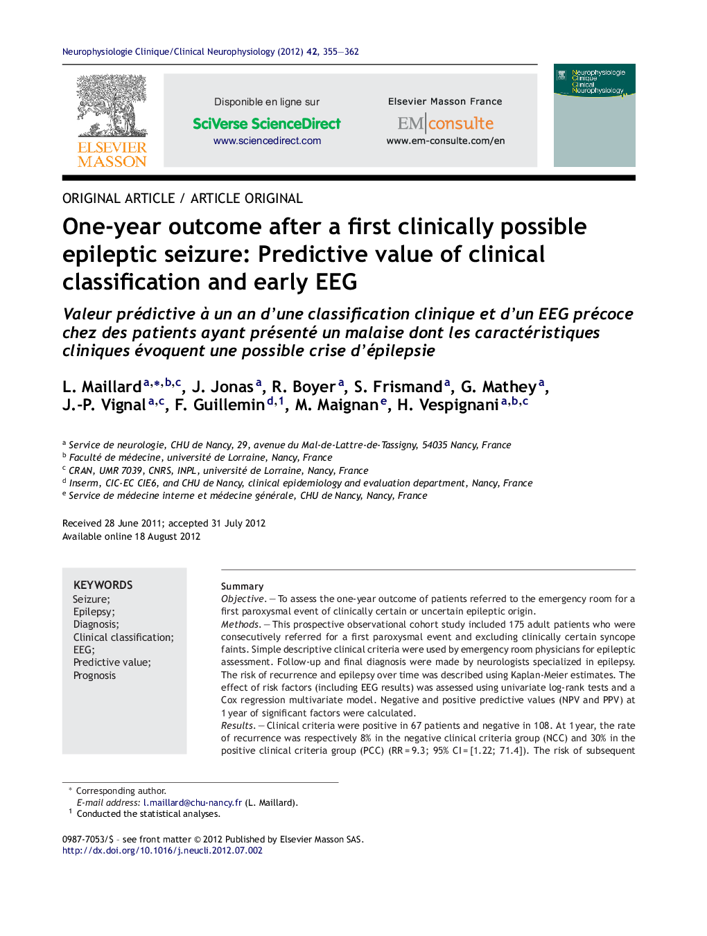 One-year outcome after a first clinically possible epileptic seizure: Predictive value of clinical classification and early EEG