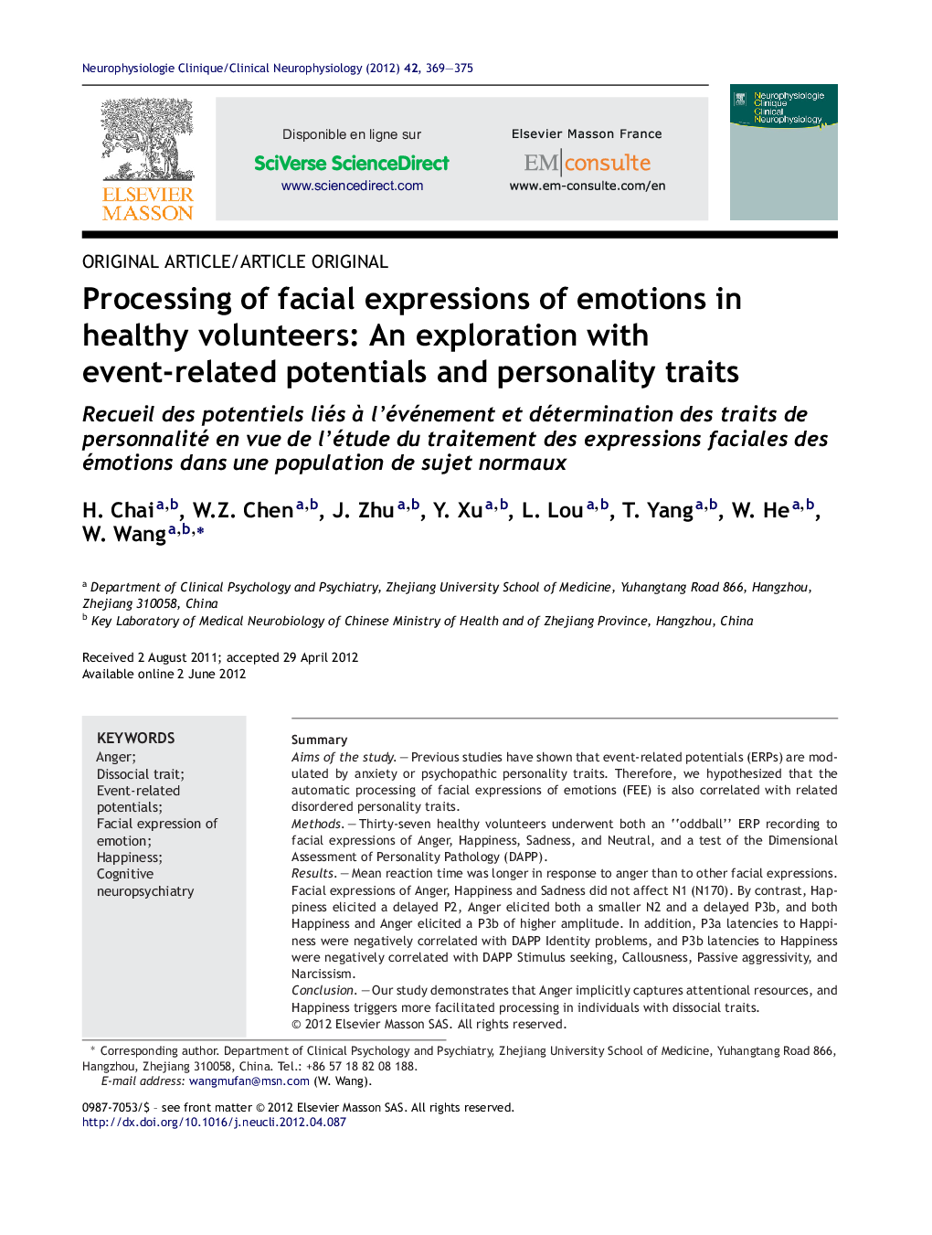 Processing of facial expressions of emotions in healthy volunteers: An exploration with event-related potentials and personality traits