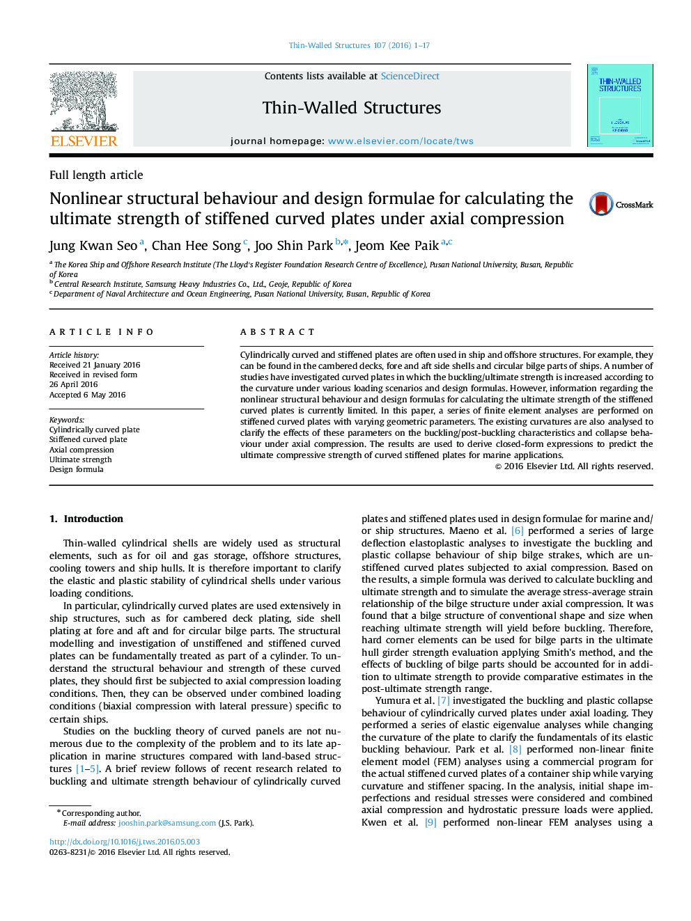 Nonlinear structural behaviour and design formulae for calculating the ultimate strength of stiffened curved plates under axial compression