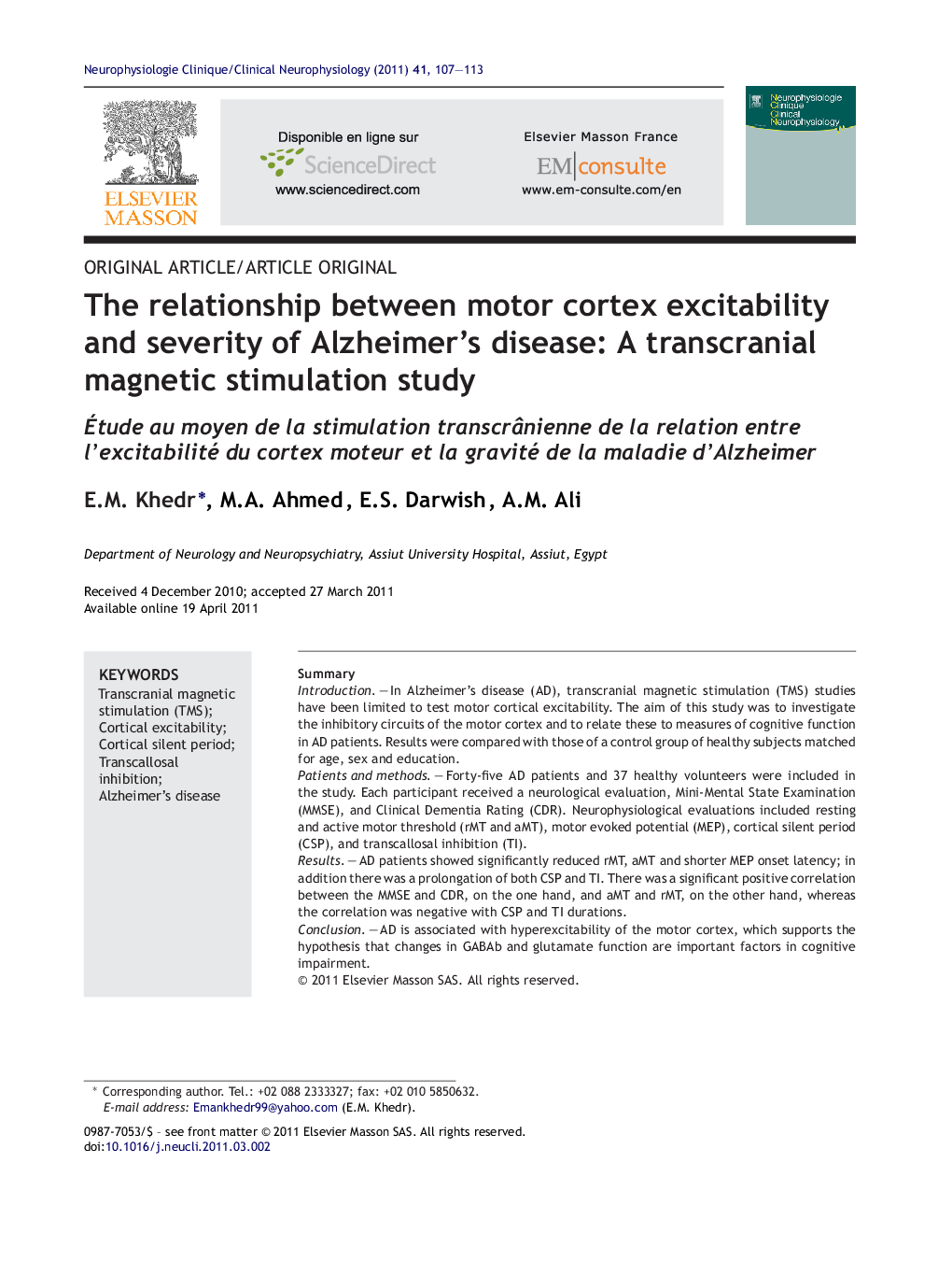 The relationship between motor cortex excitability and severity of Alzheimer's disease: A transcranial magnetic stimulation study