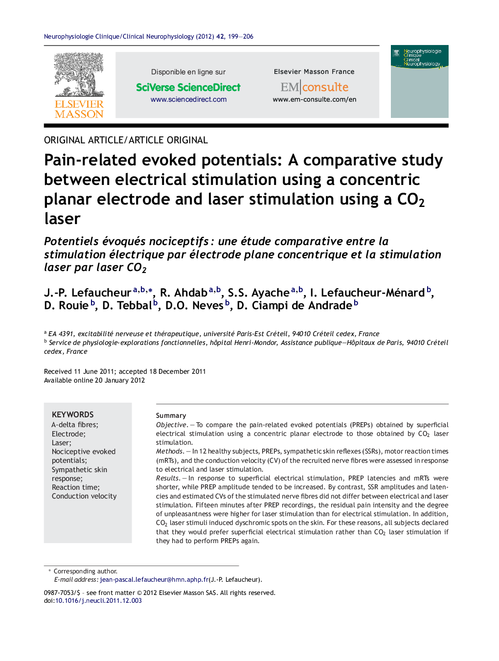 Pain-related evoked potentials: A comparative study between electrical stimulation using a concentric planar electrode and laser stimulation using a CO2 laser