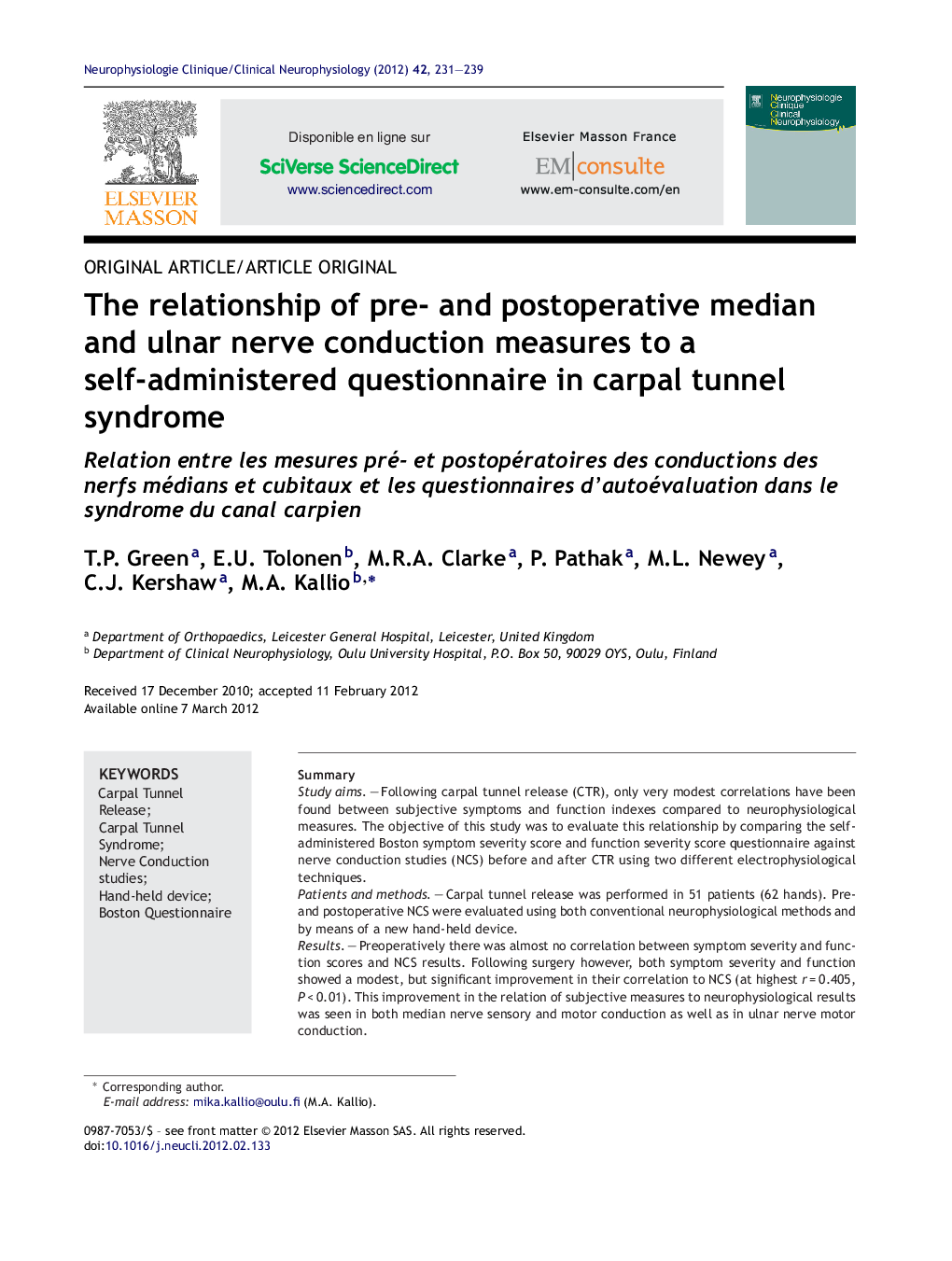 The relationship of pre- and postoperative median and ulnar nerve conduction measures to a self-administered questionnaire in carpal tunnel syndrome