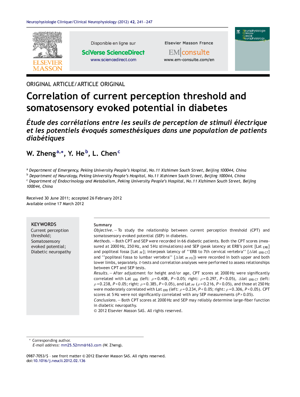 Correlation of current perception threshold and somatosensory evoked potential in diabetes