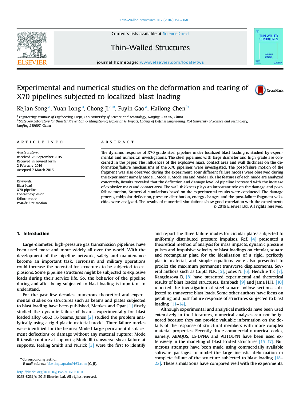 Experimental and numerical studies on the deformation and tearing of X70 pipelines subjected to localized blast loading